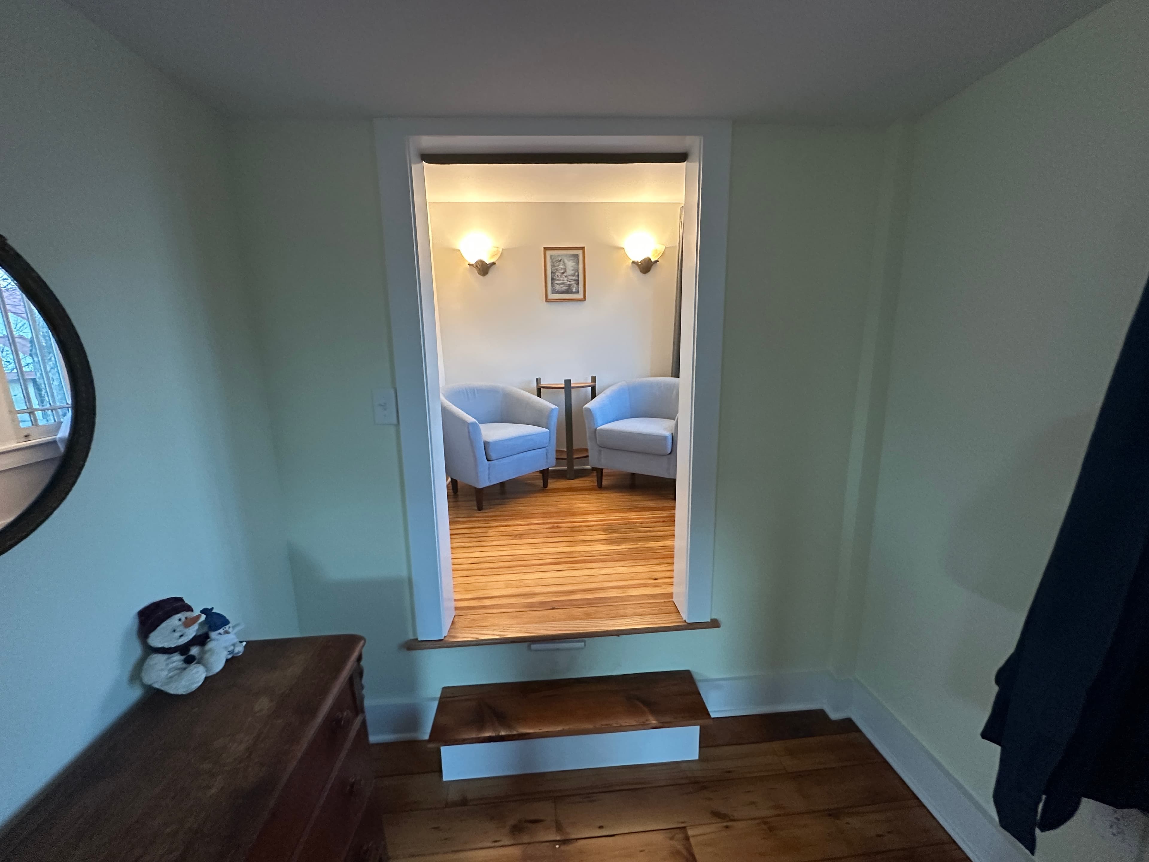 A comfortable nook with cozy armchairs is a favorite place for morning coffee or late night reading