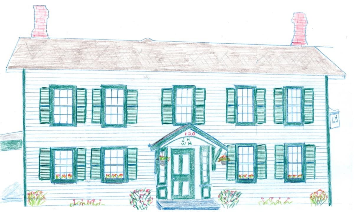 A hand-drawn illustration of a green-shuttered, two-story house with a central door and chimney stacks. A hand-drawn illustration of a green-shuttered, two-story house with a central door and chimney stacks.