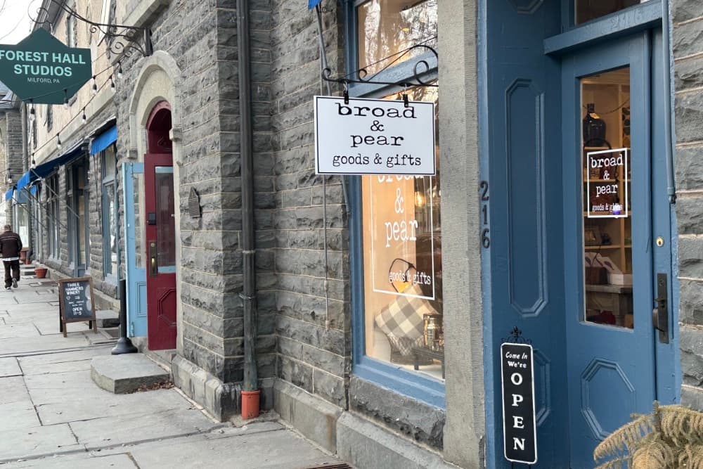 A storefront displaying "broad & pear goods & gifts" next to "FOREST HALL STUDIOS" in a quaint commercial area.